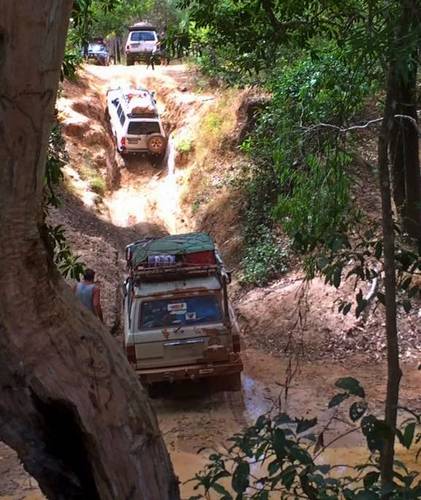 Driving out of a creek crossing on the tele track